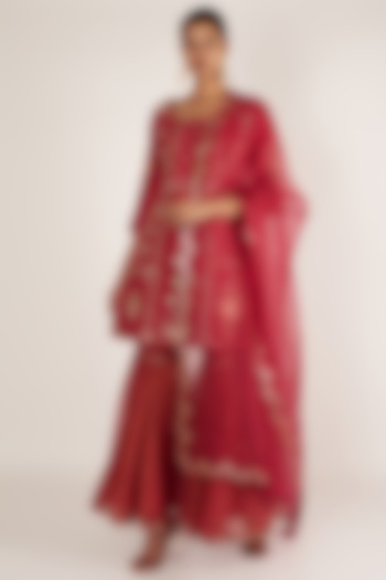 Cherry Kota Doria Embroidered Gharara Set by Ivory by dipika at Pernia's Pop Up Shop