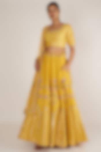 Mustard Embroidered Lehenga Set by Ivory by dipika