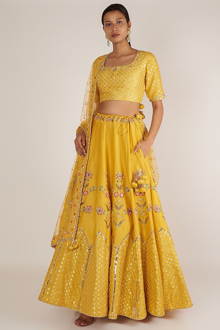 Mustard Embroidered Lehenga Set by Ivory by dipika