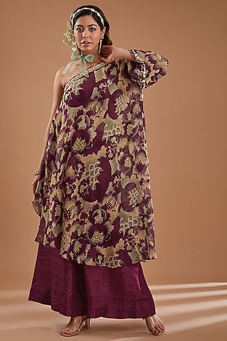 Purple Organza Floral Printed & Embroidered One-Shoulder Kaftan Set by Ivory by dipika