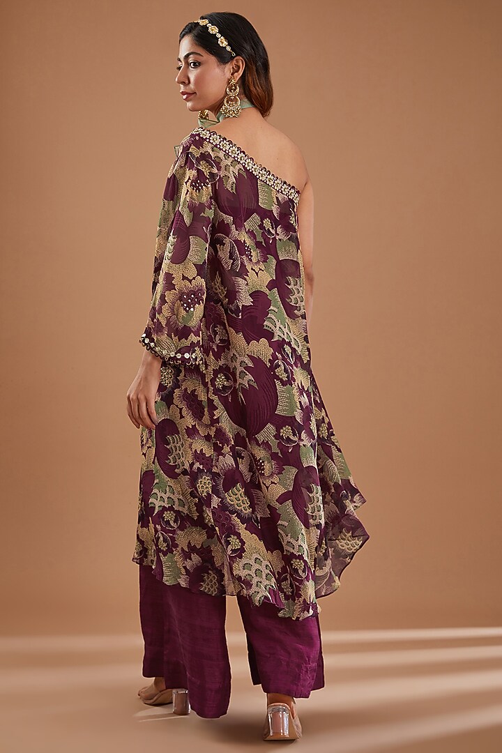 Purple Organza Floral Printed & Embroidered One-Shoulder Kaftan Set by Ivory by dipika at Pernia's Pop Up Shop