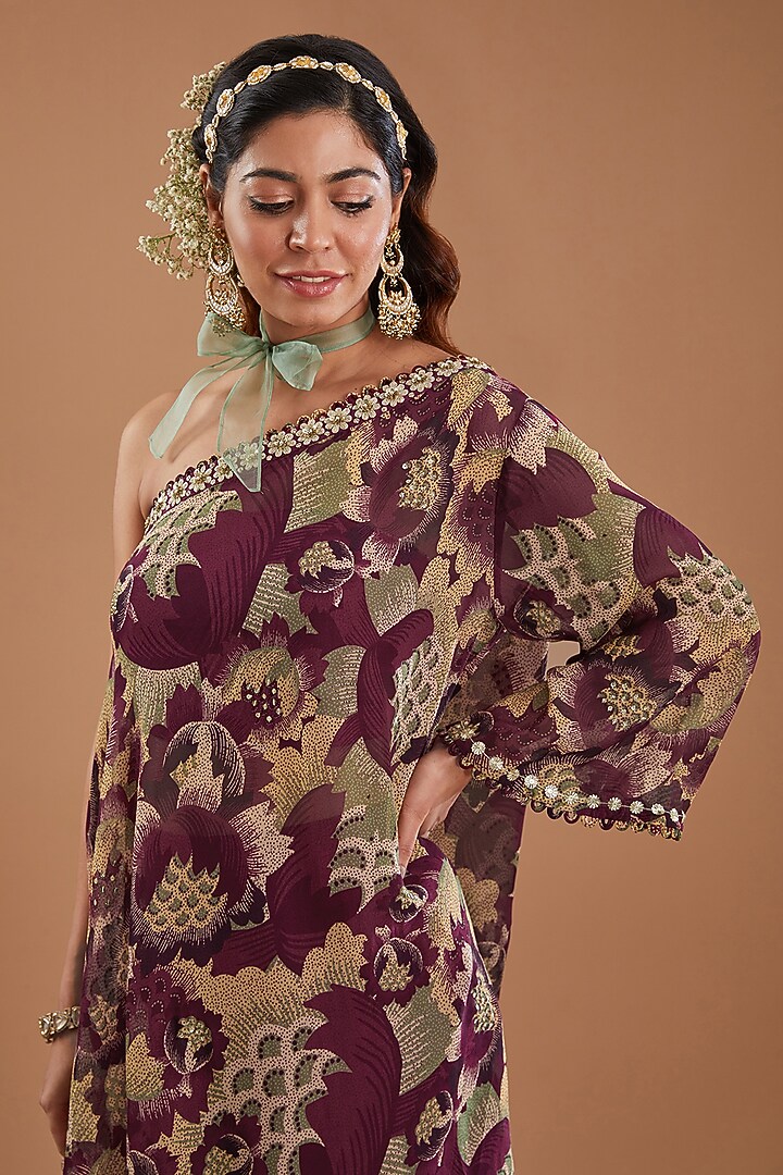 Purple Organza Floral Printed & Embroidered One-Shoulder Kaftan Set by Ivory by dipika at Pernia's Pop Up Shop
