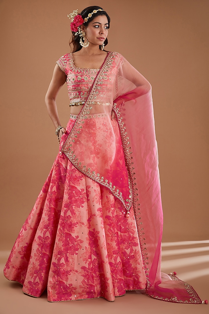 Pink Silk Floral Printed Flared Wedding Lehenga Set by Ivory by dipika at Pernia's Pop Up Shop