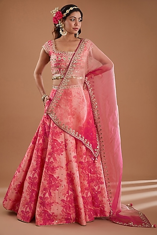 Pink Silk Floral Printed Flared Lehenga Set by Ivory by dipika