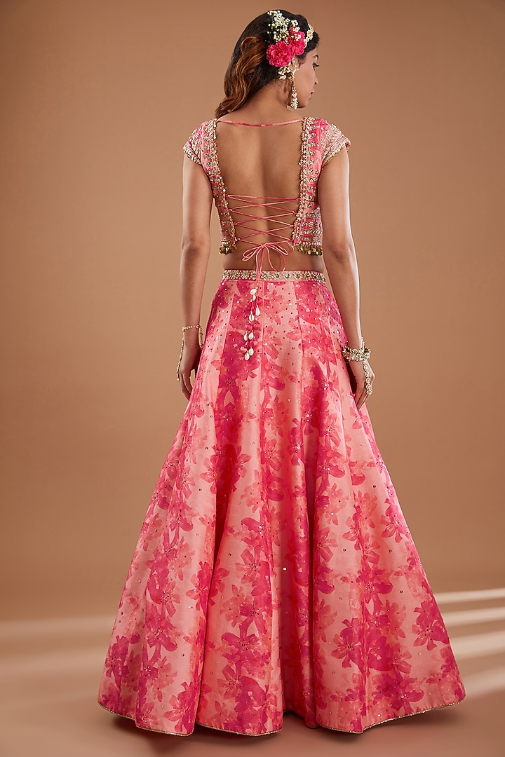 Pink Silk Floral Printed Flared Wedding Lehenga Set by Ivory by dipika at Pernia's Pop Up Shop