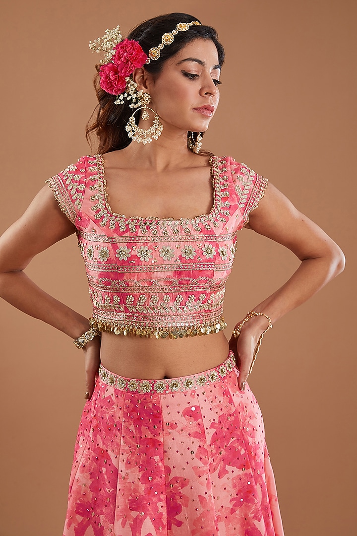 Pink Silk Floral Printed Flared Wedding Lehenga Set by Ivory by dipika at Pernia's Pop Up Shop