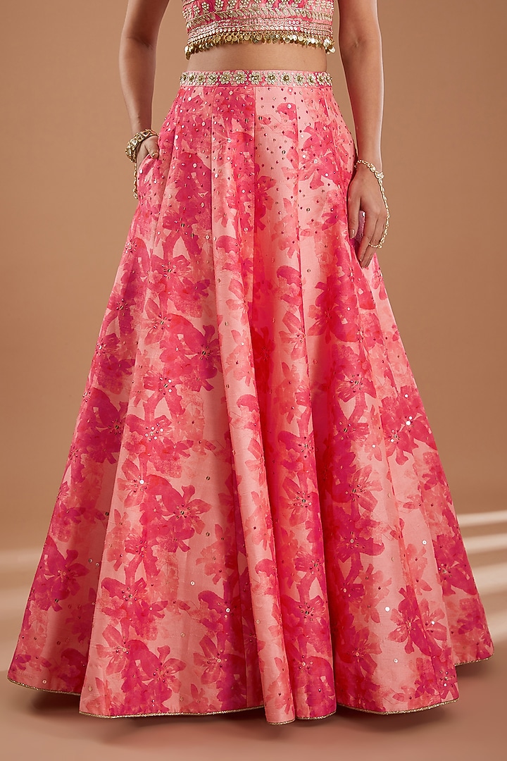 Pink Silk Floral Printed Flared Wedding Lehenga Set by Ivory by dipika at Pernia's Pop Up Shop