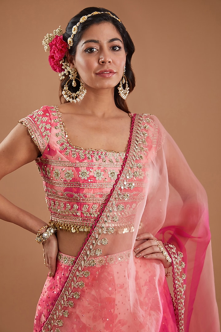 Pink Silk Floral Printed Flared Wedding Lehenga Set by Ivory by dipika at Pernia's Pop Up Shop