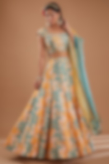 Mango Yellow Silk Floral Printed Flared Wedding Lehenga Set by Ivory by dipika at Pernia's Pop Up Shop