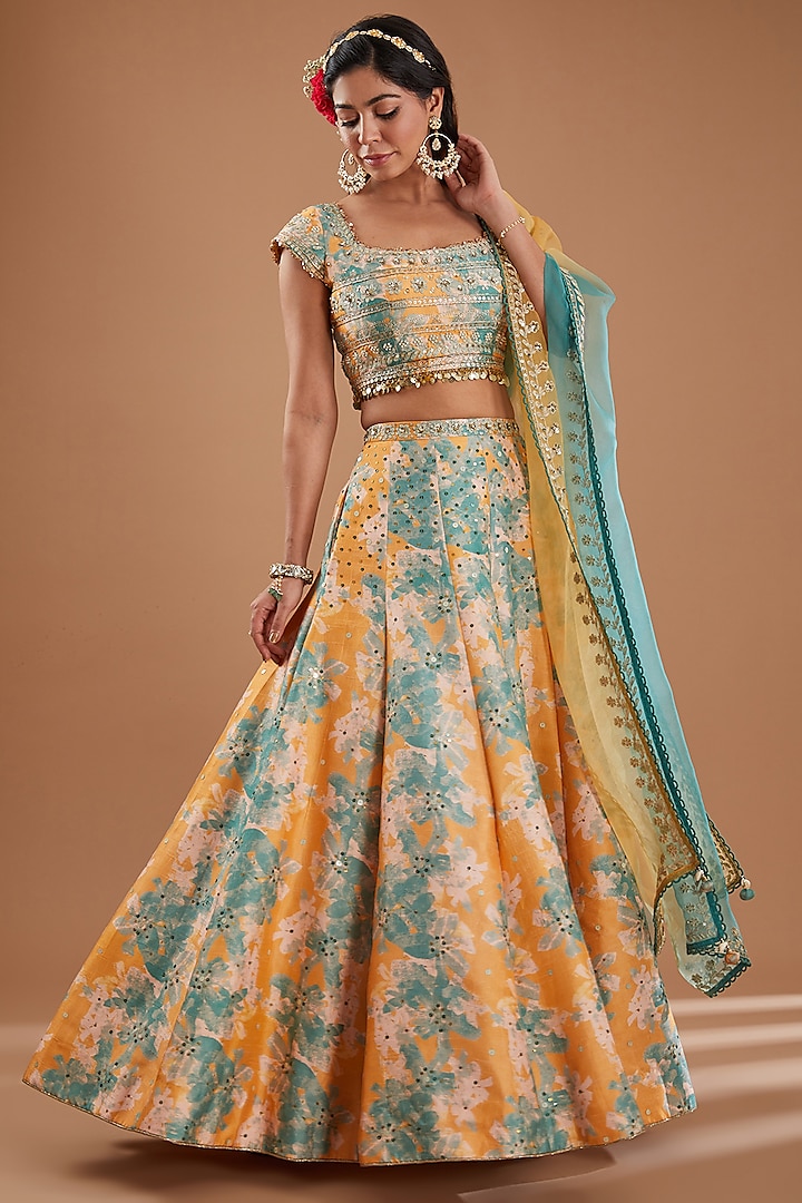 Mango Yellow Silk Floral Printed Flared Wedding Lehenga Set by Ivory by dipika at Pernia's Pop Up Shop