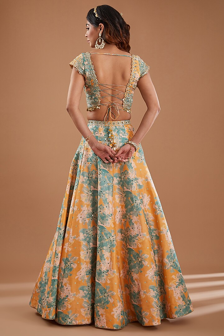 Mango Yellow Silk Floral Printed Flared Wedding Lehenga Set by Ivory by dipika at Pernia's Pop Up Shop