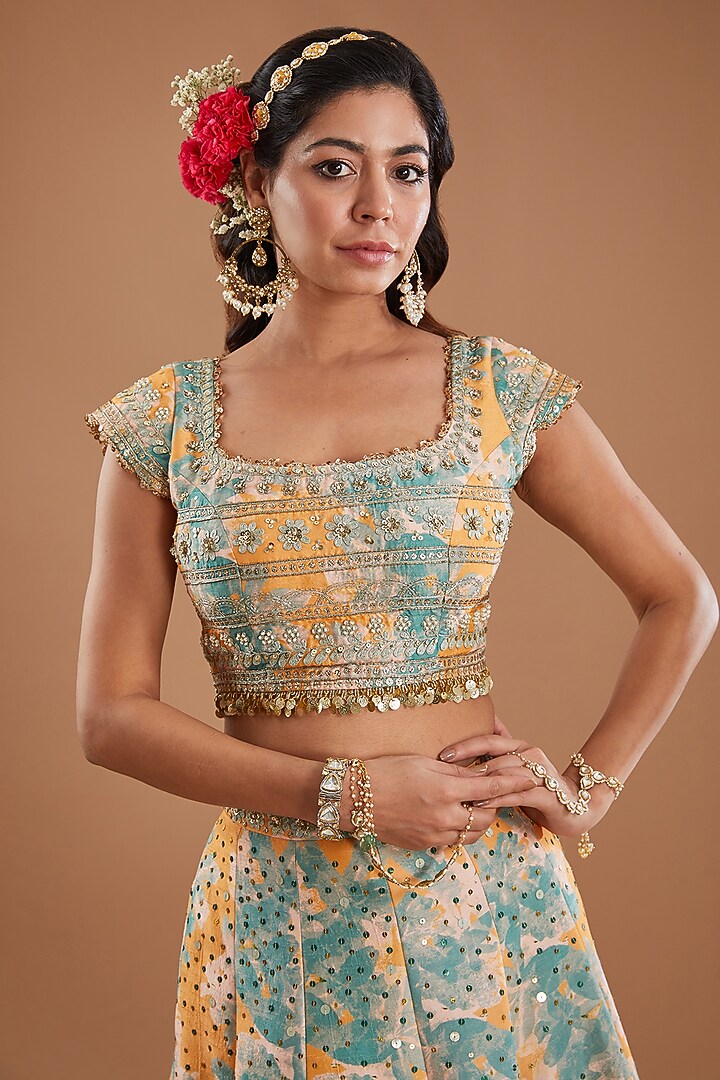 Mango Yellow Silk Floral Printed Flared Wedding Lehenga Set by Ivory by dipika at Pernia's Pop Up Shop