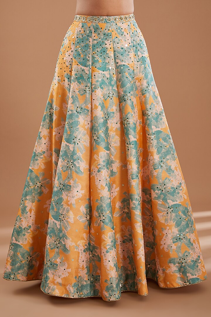 Mango Yellow Silk Floral Printed Flared Wedding Lehenga Set by Ivory by dipika at Pernia's Pop Up Shop