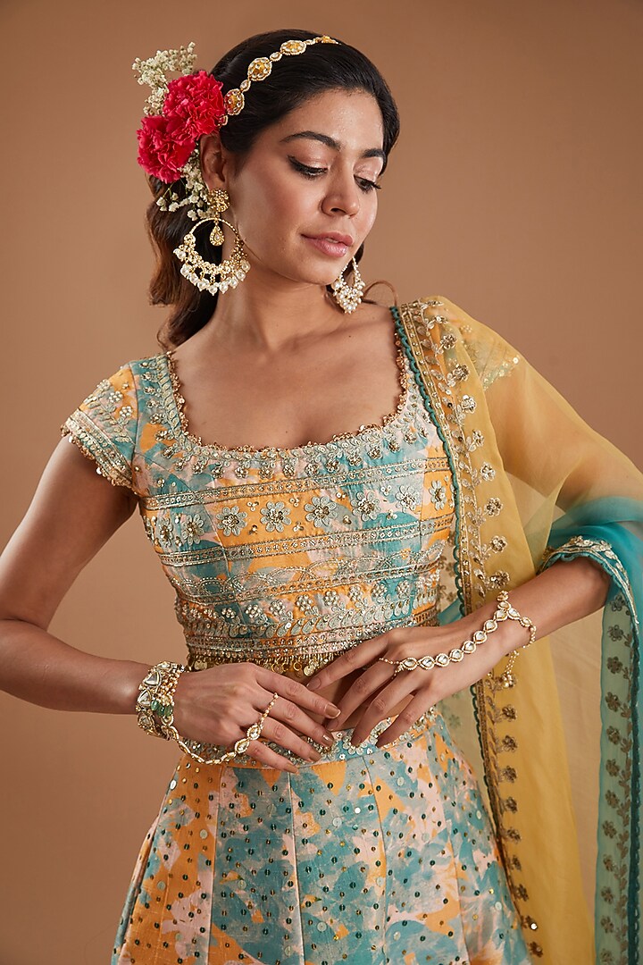 Mango Yellow Silk Floral Printed Flared Wedding Lehenga Set by Ivory by dipika at Pernia's Pop Up Shop