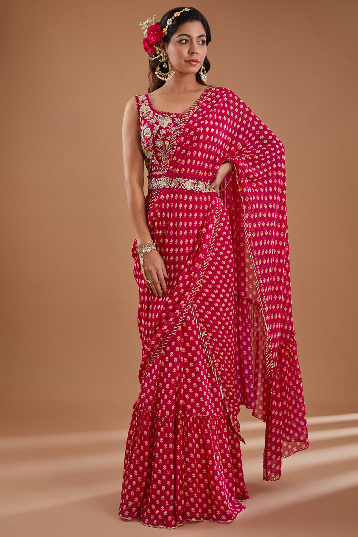 Cherry Red Georgette Floral Boota Printed & Embroidered Pre-Draped Wedding Saree Set by Ivory by dipika at Pernia's Pop Up Shop