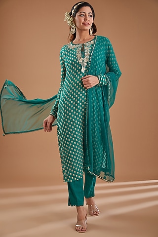 Green Georgette Floral Boota Printed & Embroidered Kurta Set by Ivory by dipika