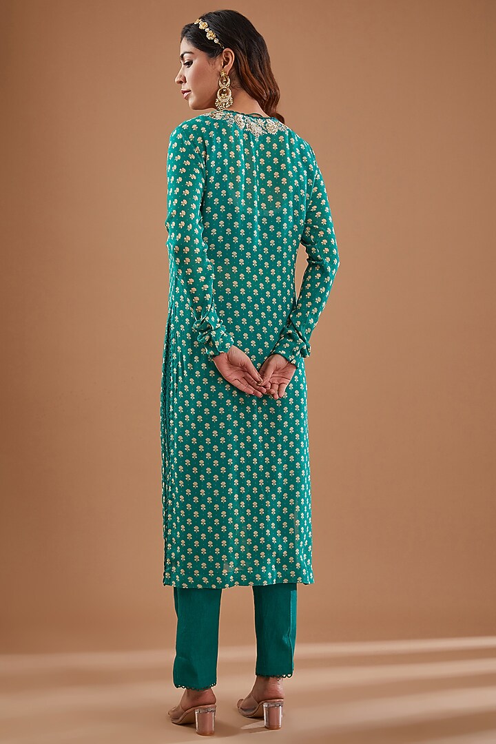 Green Georgette Floral Boota Printed & Embroidered Kurta Set by Ivory by dipika at Pernia's Pop Up Shop