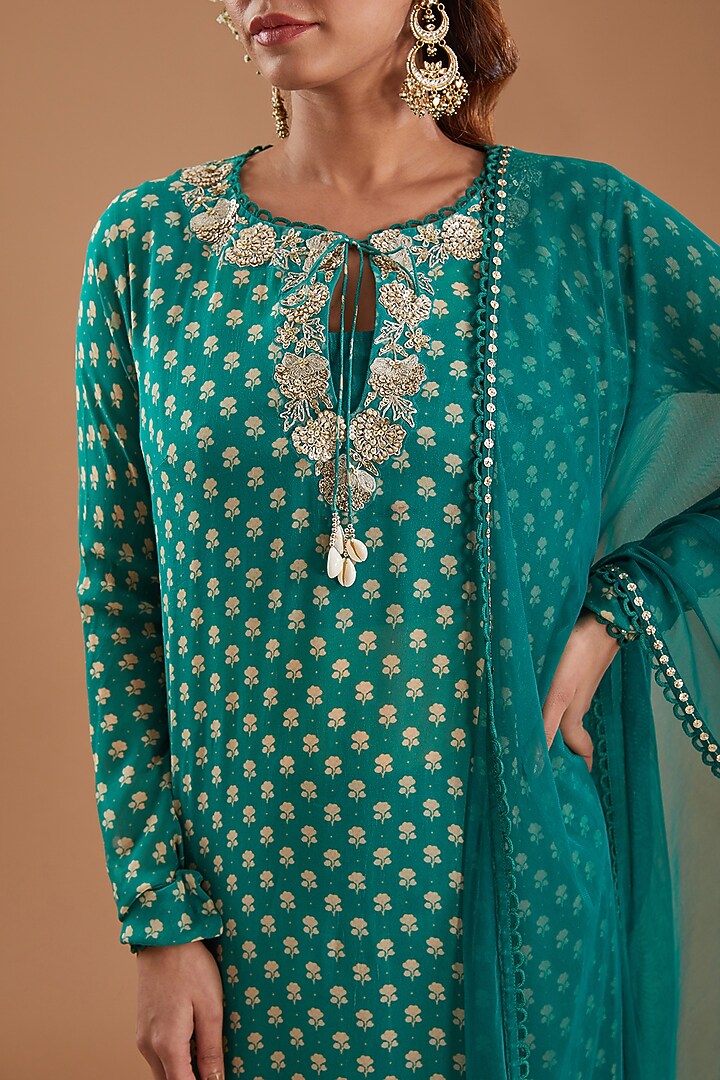 Green Georgette Floral Boota Printed & Embroidered Kurta Set by Ivory by dipika at Pernia's Pop Up Shop