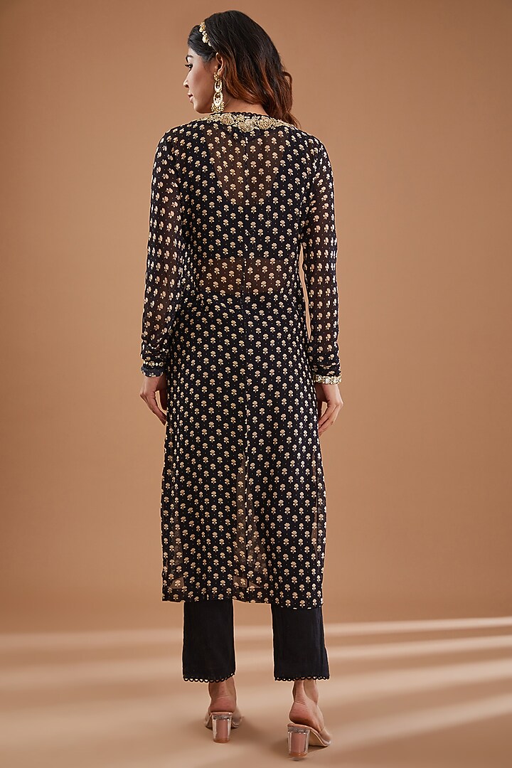 Black Georgette Floral Boota Printed & Embroidered Kurta Set by Ivory by dipika at Pernia's Pop Up Shop