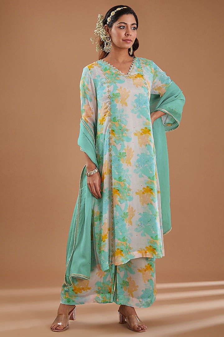 Ecru Chinon Chiffon Watercolor Floral Printed & Sequins Embroidered Straight Kurta Set by Ivory by dipika