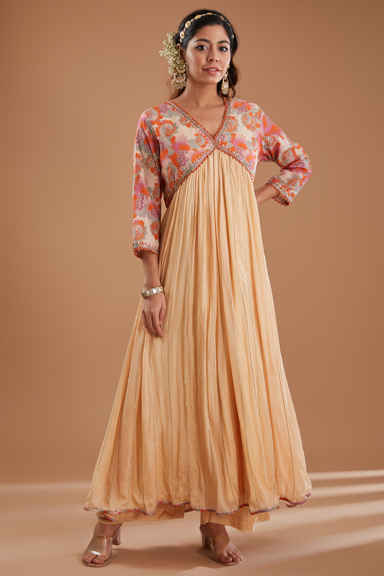 Ecru Chanderi Floral Printed & Sequins Embroidered Kurta Set by Ivory by dipika at Pernia's Pop Up Shop