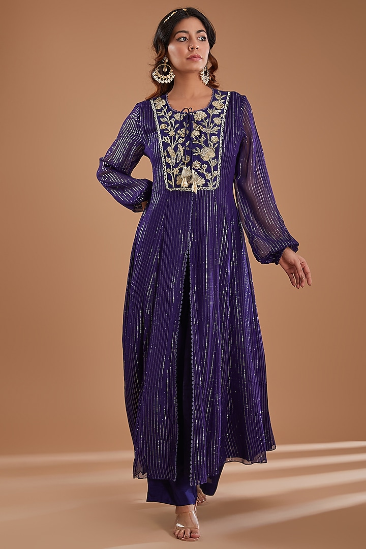 Ink Blue Georgette Sequins Embroidered Kurta Set by Ivory by dipika