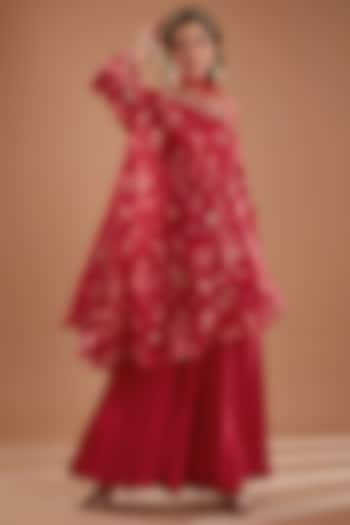 Cherry Red Organza Floral Printed One-Shoulder Kaftan Set by Ivory by dipika