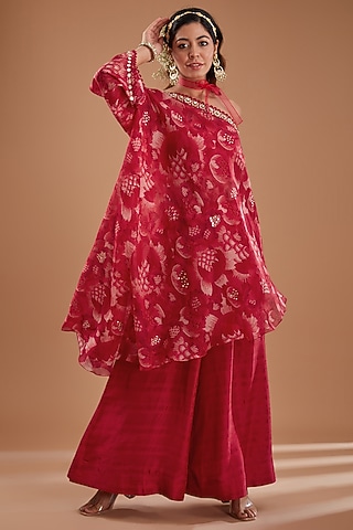 Cherry Red Organza Floral Printed One-Shoulder Kaftan Set by Ivory by dipika