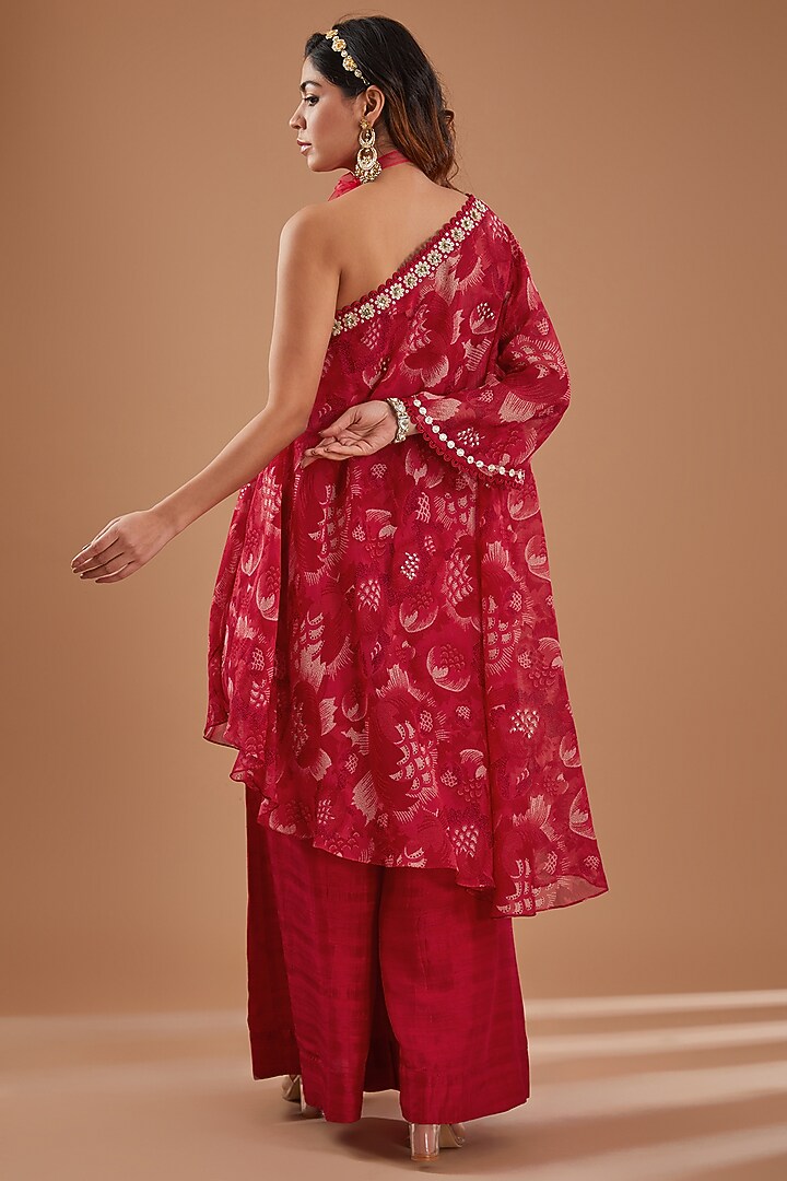 Cherry Red Organza Floral Printed One-Shoulder Kaftan Set by Ivory by dipika at Pernia's Pop Up Shop