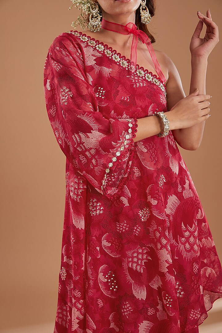 Cherry Red Organza Floral Printed One-Shoulder Kaftan Set by Ivory by dipika at Pernia's Pop Up Shop