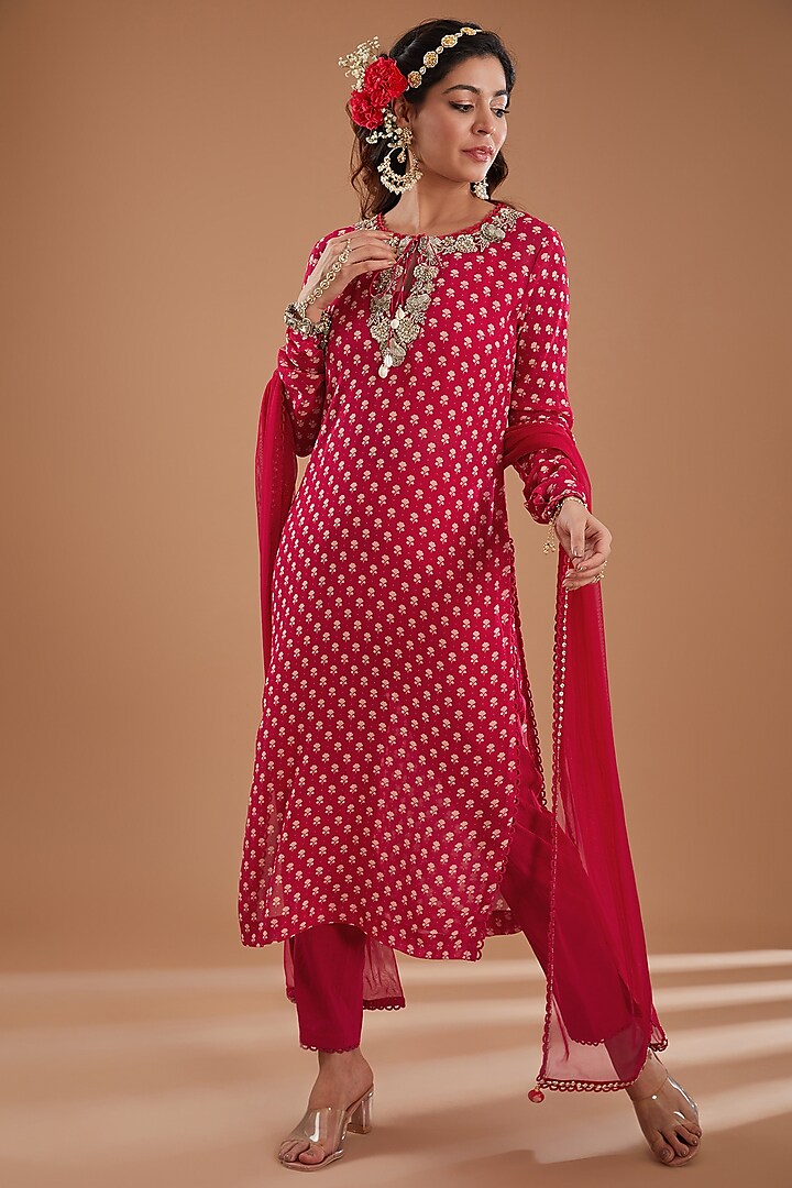 Cherry Red Georgette Digital Printed & Hand Embroidered Kurta Set by Ivory by dipika