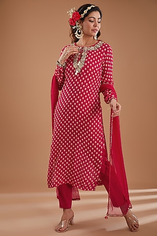 Cherry Red Georgette Digital Printed & Hand Embroidered Kurta Set by Ivory by dipika