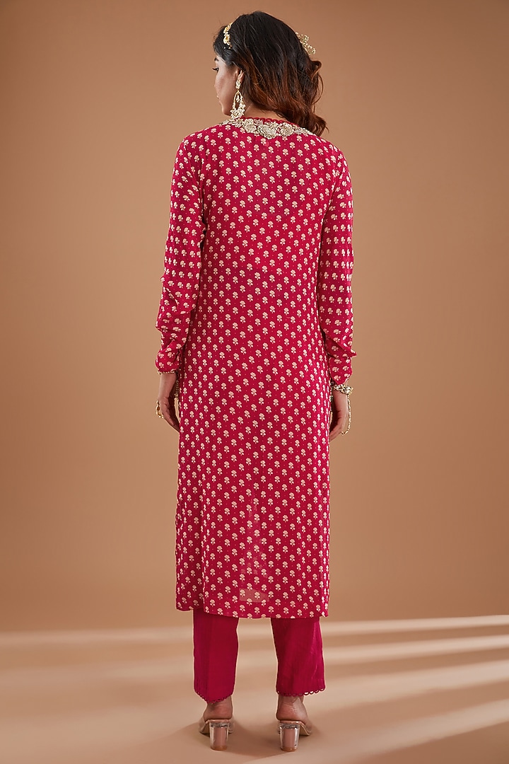 Cherry Red Georgette Digital Printed & Hand Embroidered Kurta Set by Ivory by dipika at Pernia's Pop Up Shop