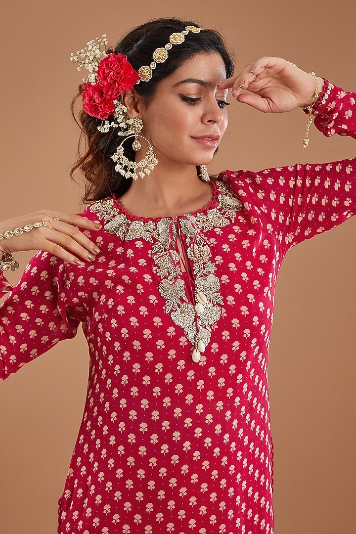 Cherry Red Georgette Digital Printed & Hand Embroidered Kurta Set by Ivory by dipika at Pernia's Pop Up Shop