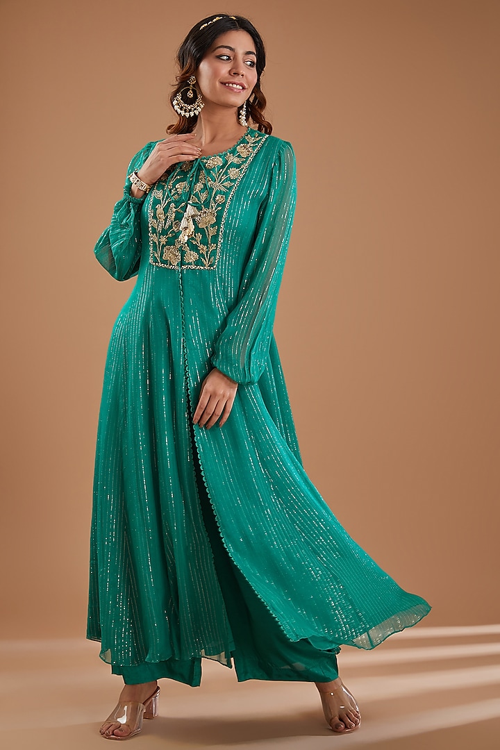 Green Georgette Sequins Embroidered Kurta Set by Ivory by dipika