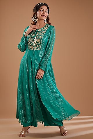 Green Georgette Sequins Embroidered Kurta Set by Ivory by dipika