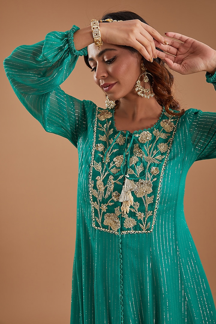 Green Georgette Sequins Embroidered Kurta Set by Ivory by dipika at Pernia's Pop Up Shop