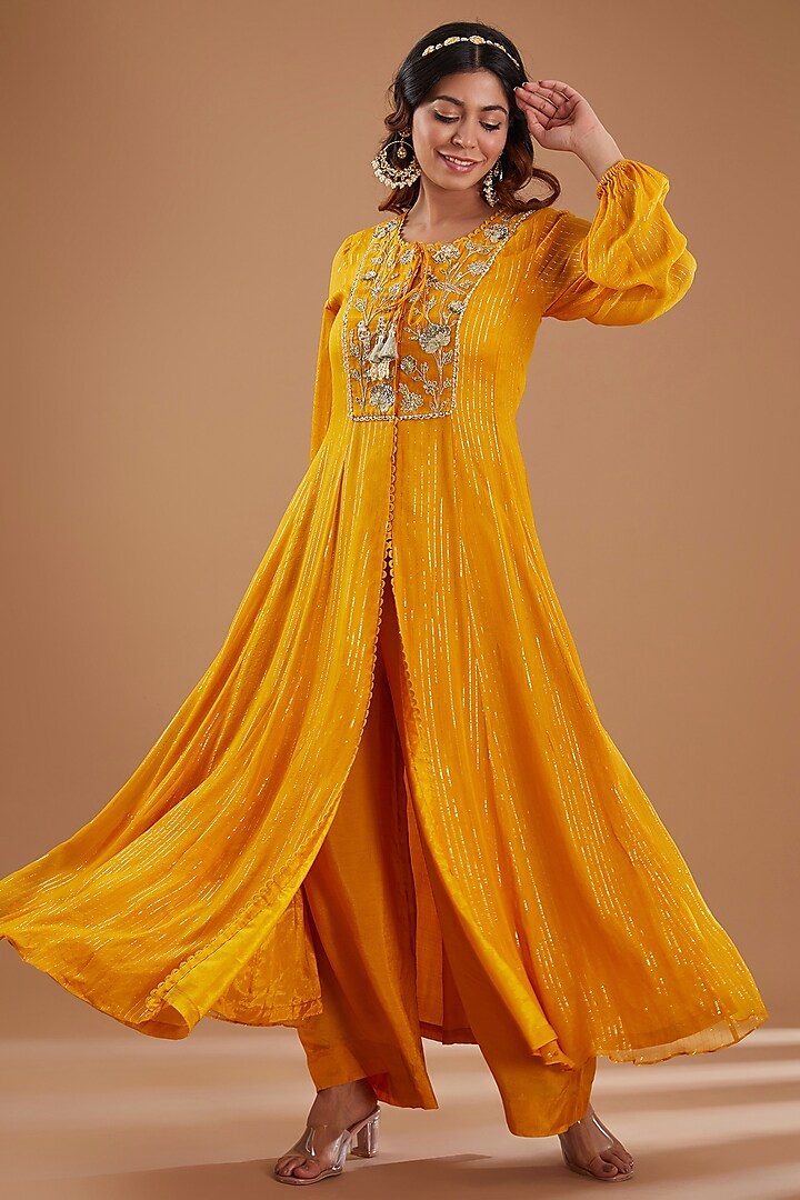 Mustard Georgette Sequins Embroidered Kurta Set by Ivory by dipika