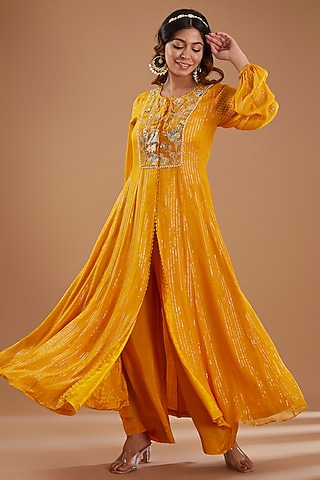 Mustard Georgette Sequins Embroidered Kurta Set by Ivory by dipika
