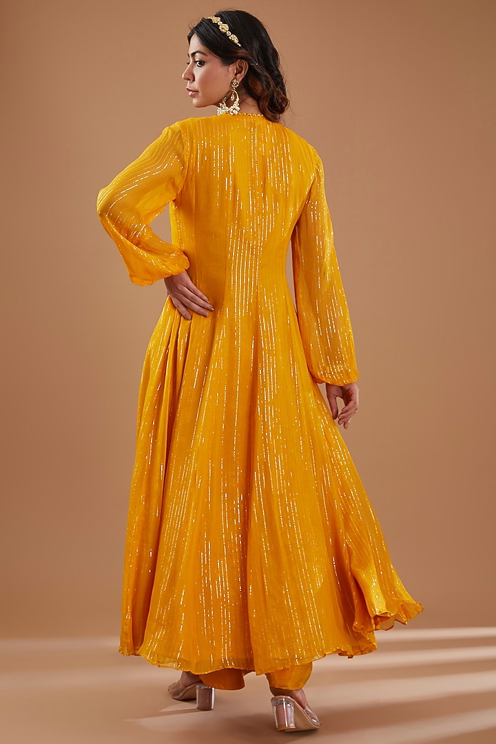 Mustard Georgette Sequins Embroidered Kurta Set by Ivory by dipika at Pernia's Pop Up Shop