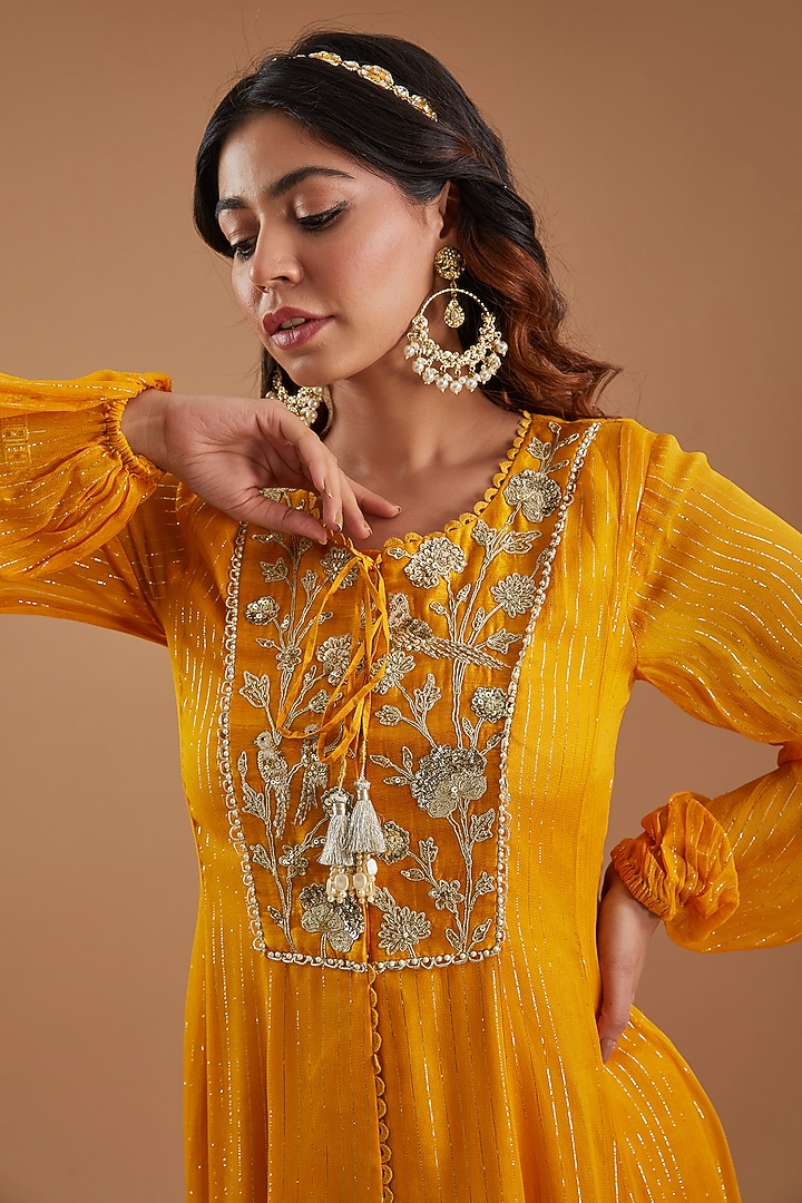 Mustard Georgette Sequins Embroidered Kurta Set by Ivory by dipika at Pernia's Pop Up Shop