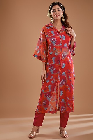 Hot Pink Viscose Organza Floral Printed Co-Ord Set by Ivory by dipika