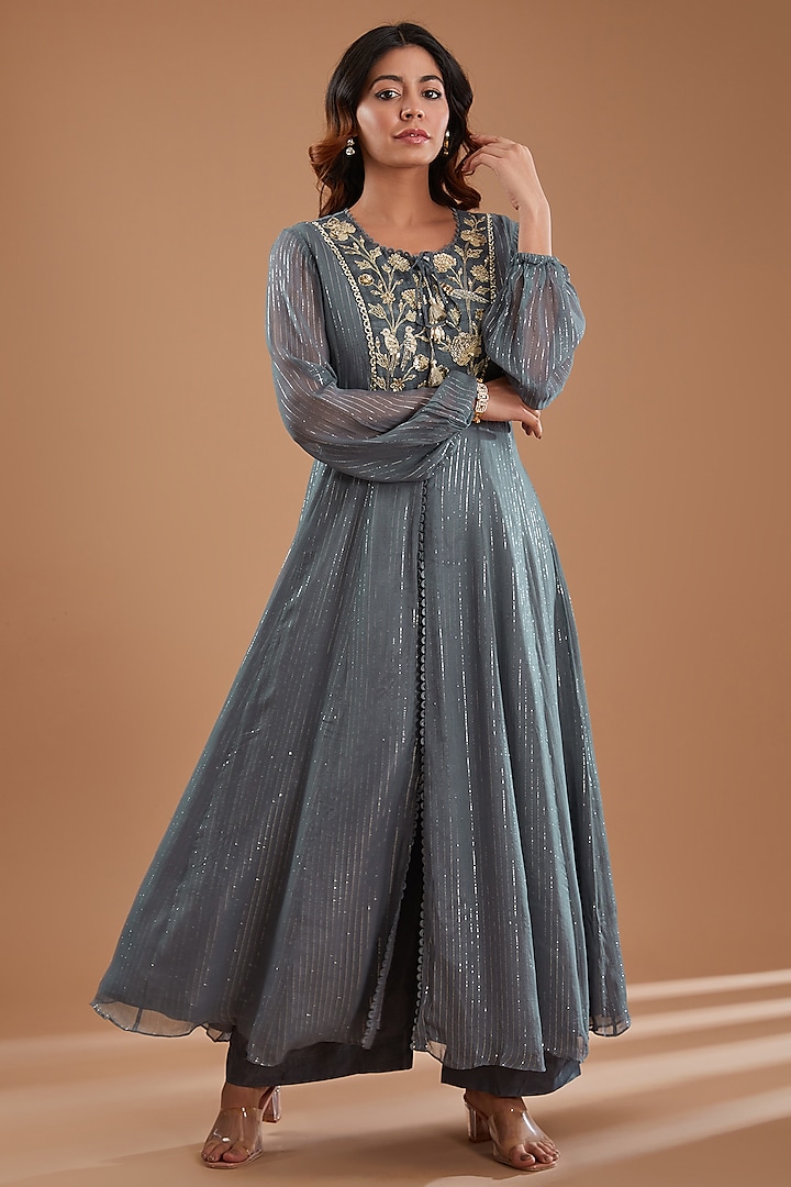 Powder Grey Georgette Sequins Embroidered Kurta Set by Ivory by dipika