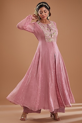 Lilac Georgette Sequins Embroidered Kurta Set by Ivory by dipika