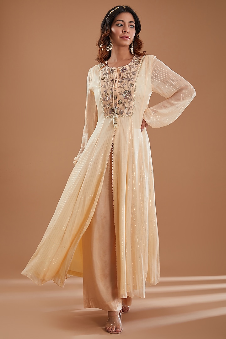 Ecru Georgette Sequins Embroidered Kurta Set by Ivory by dipika