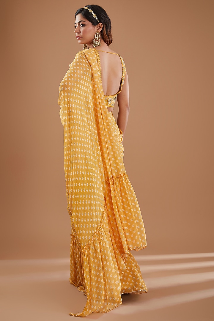 Mango Yellow Georgette Floral Printed & Gota Work Pre-Draped Wedding Saree Set by Ivory by dipika at Pernia's Pop Up Shop