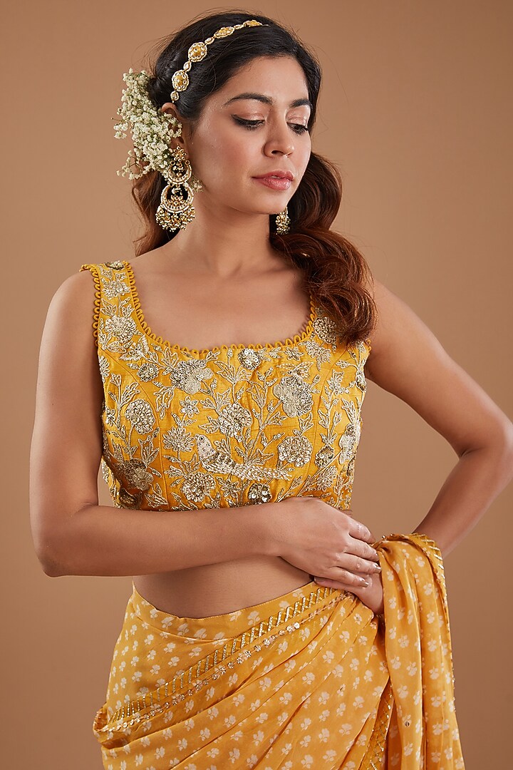 Mango Yellow Georgette Floral Printed & Gota Work Pre-Draped Wedding Saree Set by Ivory by dipika at Pernia's Pop Up Shop