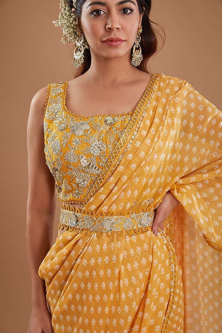 Mango Yellow Georgette Floral Printed & Gota Work Pre-Draped Wedding Saree Set by Ivory by dipika at Pernia's Pop Up Shop