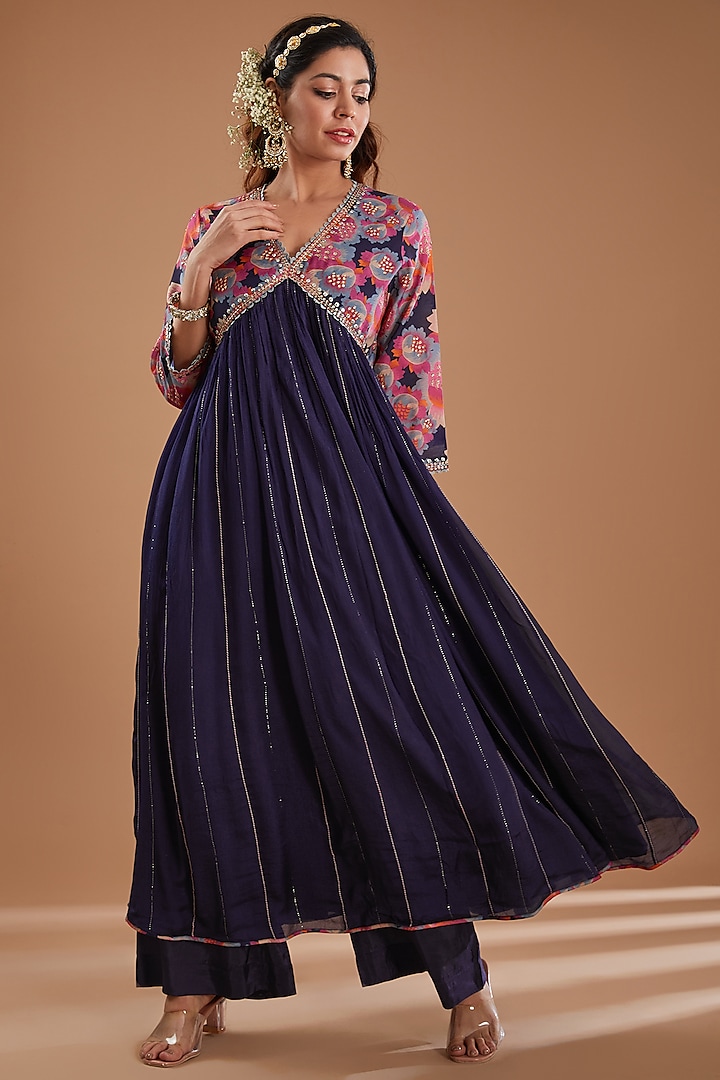 Indigo Chanderi Floral Printed & Sequins Embroidered Kurta Set by Ivory by dipika