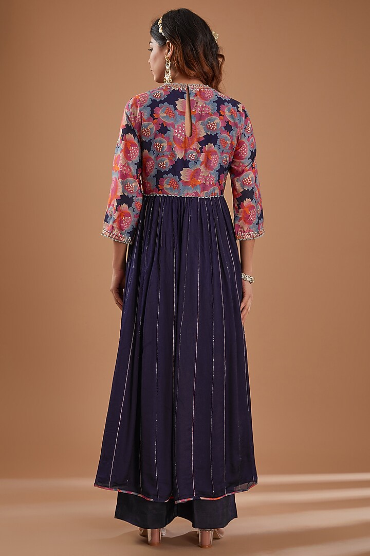 Indigo Chanderi Floral Printed & Sequins Embroidered Kurta Set by Ivory by dipika at Pernia's Pop Up Shop